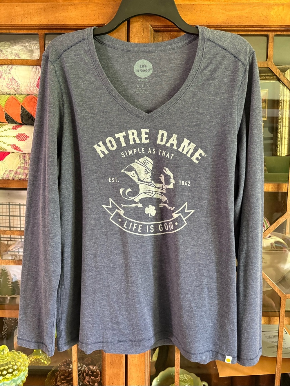 Life Is Good Heather Navy Notre Dame V-Neck Long Sleeve Tee